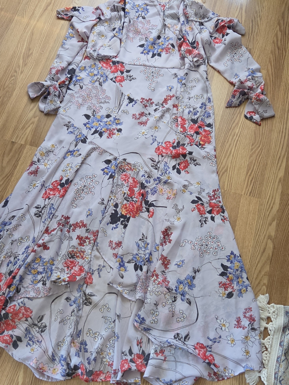 ASOS Floral Ruffle Maxi Dress in Light Gray with Red & Blue Blooms